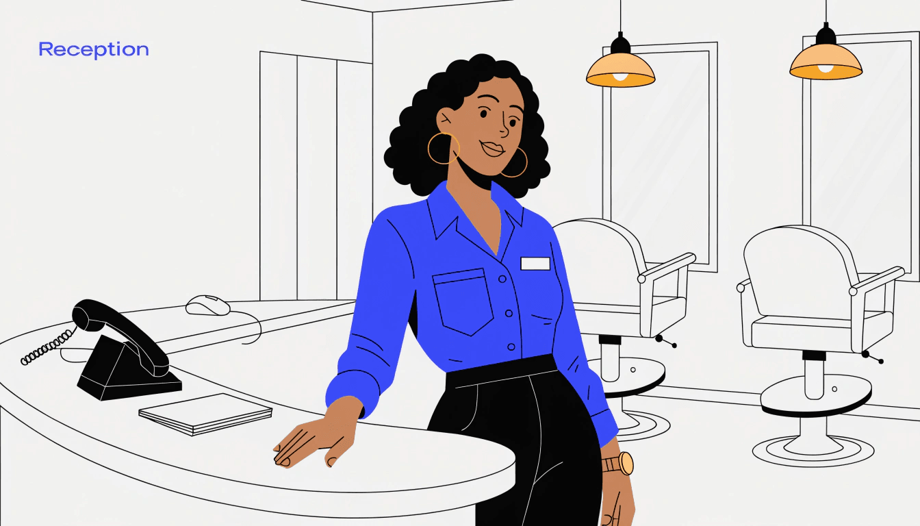 hair salon owner standing confidently at front desk in a modern professional salon