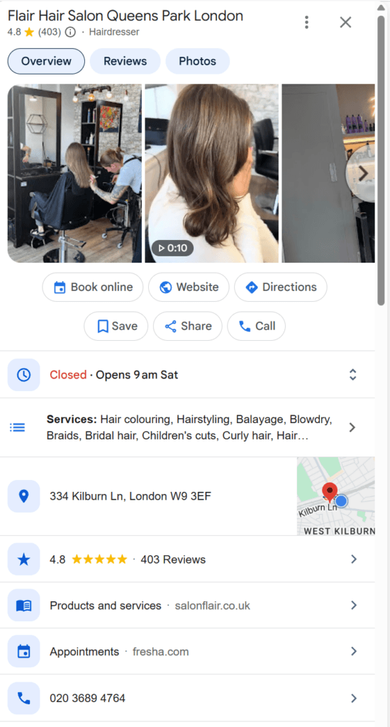 Optimised Google Business Profile for a hair salon showing reviews, photos, and booking option