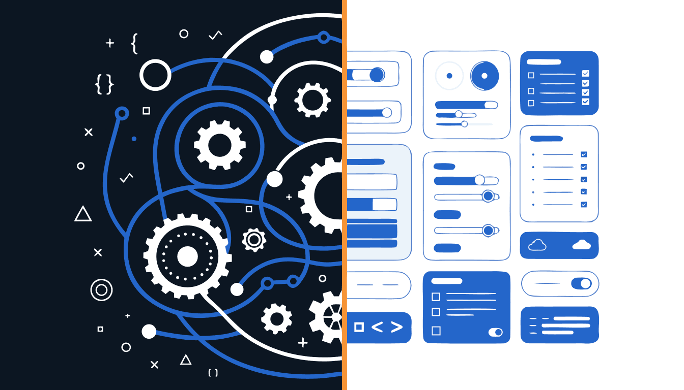 illustration comparing the complexity of a custom cms with the clean, organised interface of an established cms like wordpress