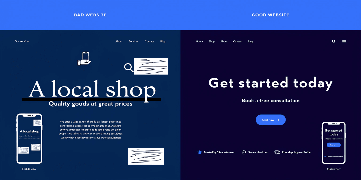comparison of poor versus good web design for a small business website showing layout, ctas, and mobile optimisation comparison of poor versus good web design for a small business website showing layout, ctas, and mobile optimisation