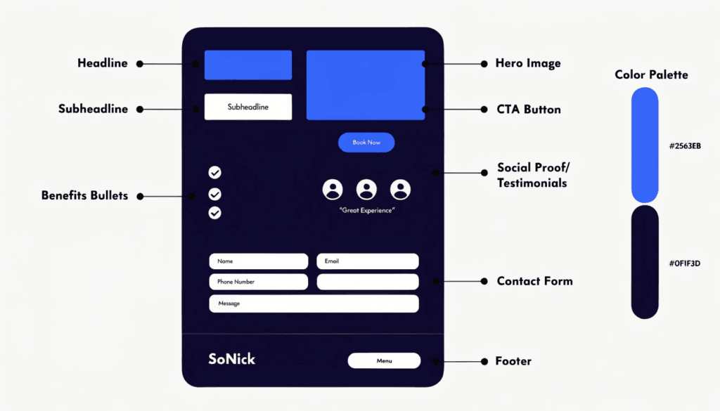 diagram showing the anatomy of a high converting landing page for small businesses