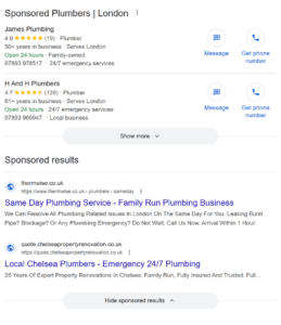 google local services ads and ppc ads appearing for a plumbing search