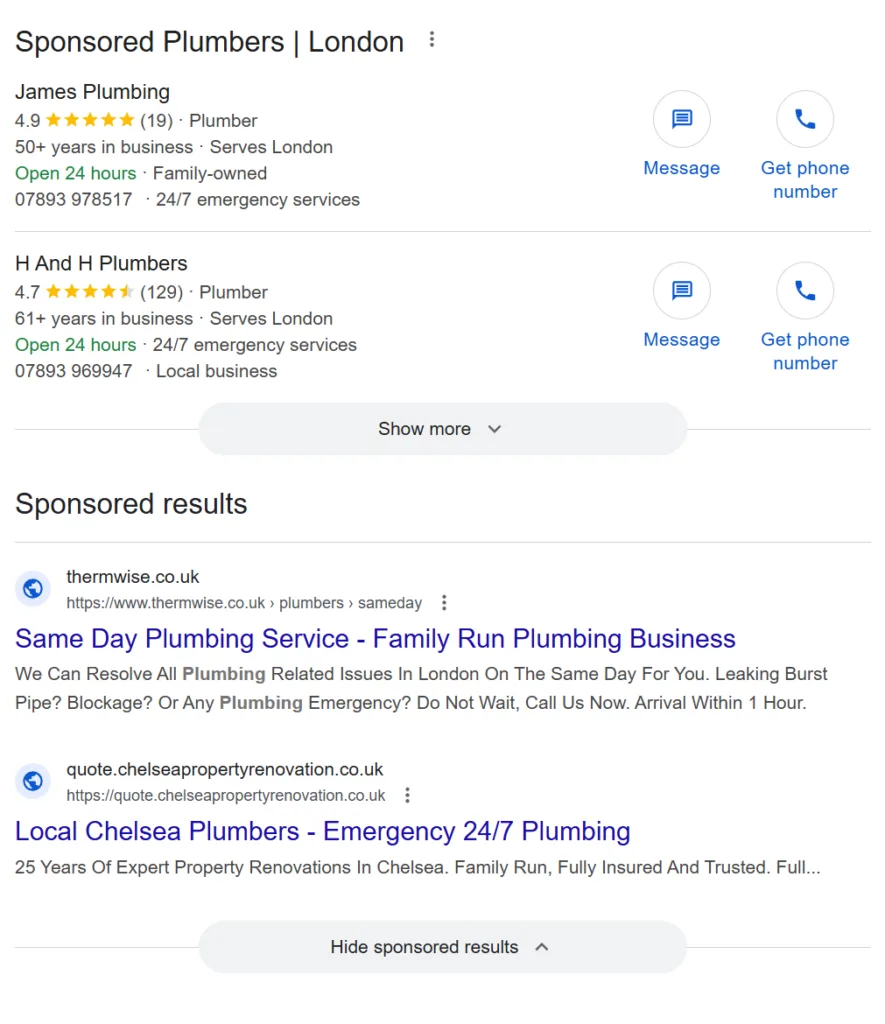 google local services ads and ppc ads appearing for a plumbing search