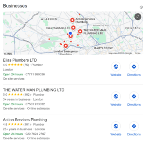 Google local pack results showing plumbers ranked in the map section