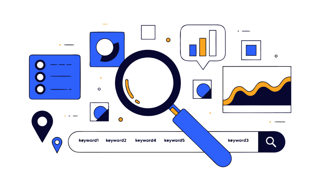 illustration representing keyword research for seo with a magnifying glass, search bar, and data visualisations