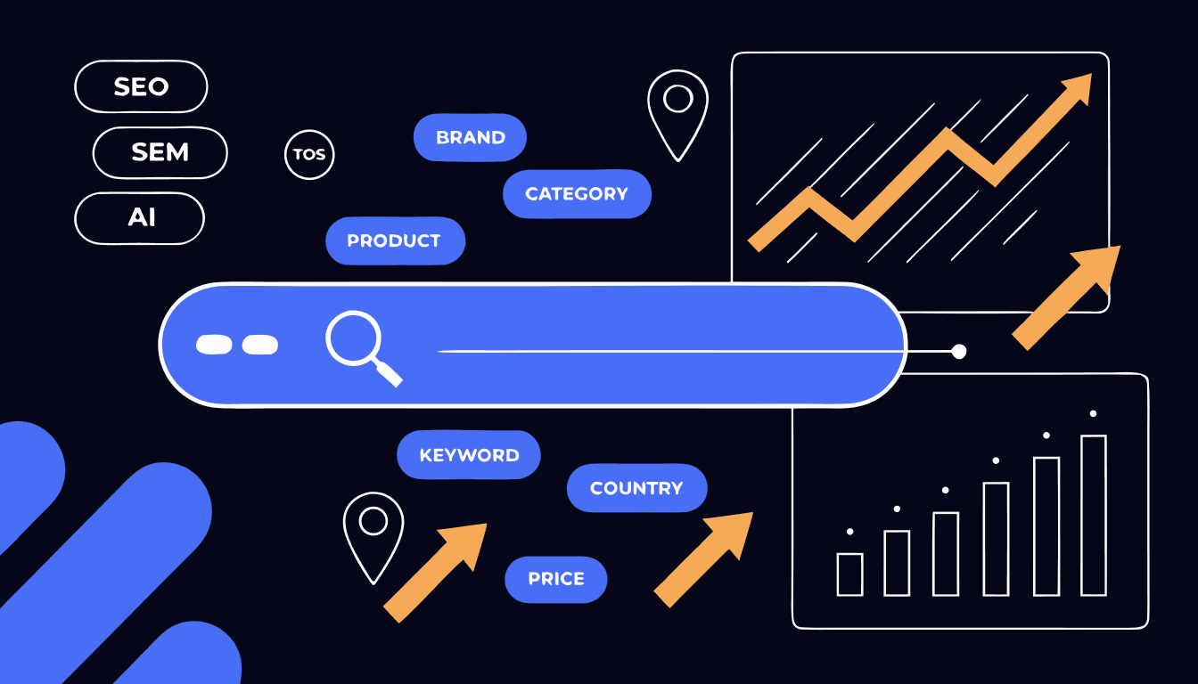 illustration representing keyword research for seo — magnifying glass over a search bar with keyword tags and data charts