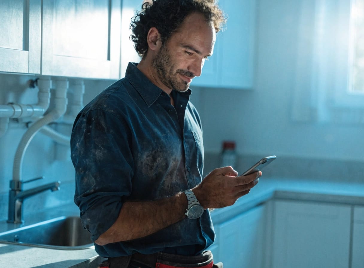 plumber checking new leads on his phone