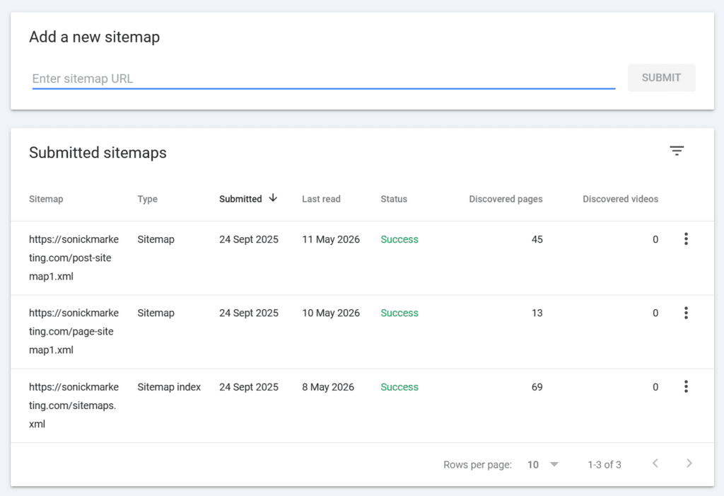 Google Search Console showing a submitted XML sitemap with indexing status