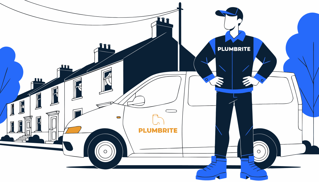 A plumber standing next to a branded van on a residential street, representing how to advertise a plumbing business locally