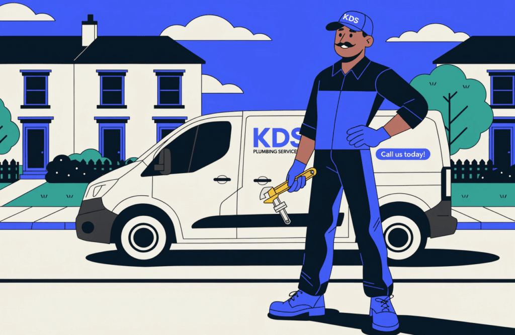 a confident uk plumber in a branded navy and blue (1)