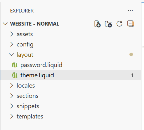 shopify code editor with theme.liquid open showing the layout folder in the file tree