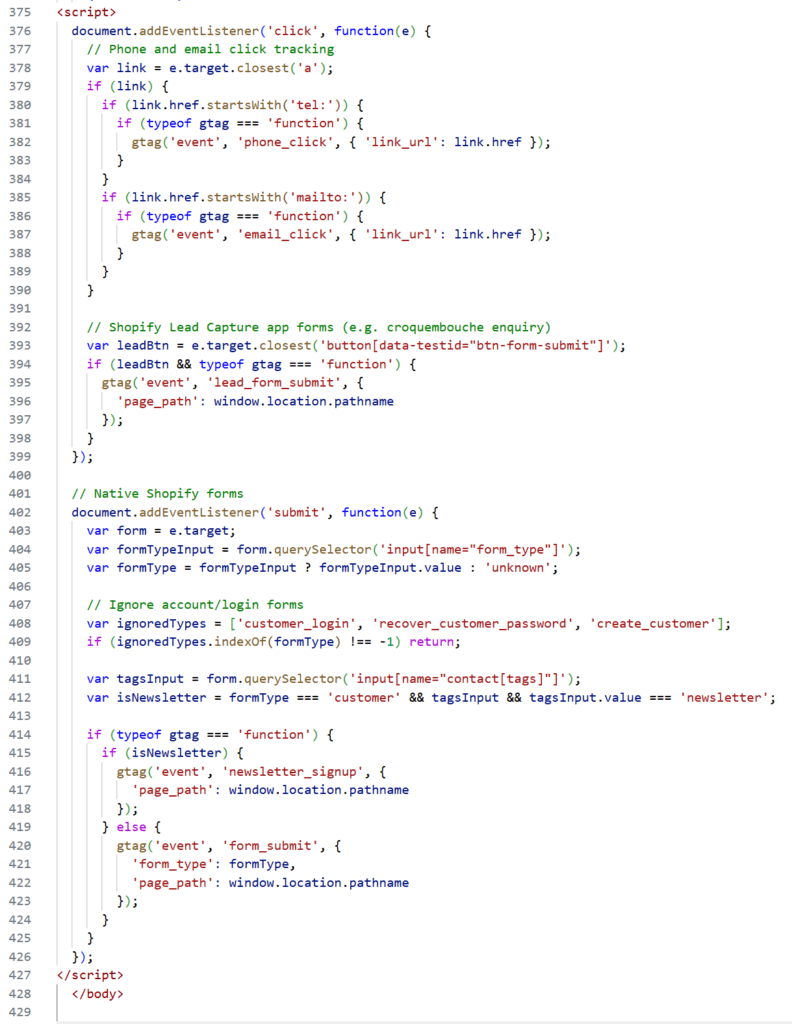 shopify theme.liquid file open in the code editor with ga4 tracking script added above the closing body tag