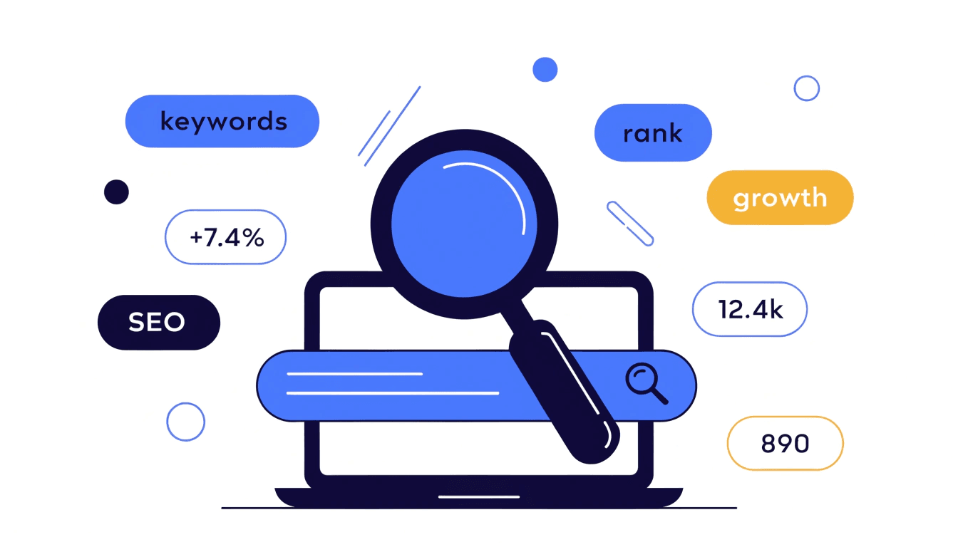 illustration of keyword research for seo on a laptop with floating search data