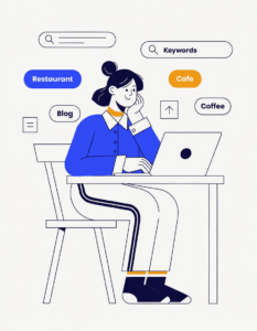 small business owner researching keywords for seo on a laptop