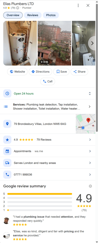 a completed google business profile for a plumbing company showing photos, services, and reviews