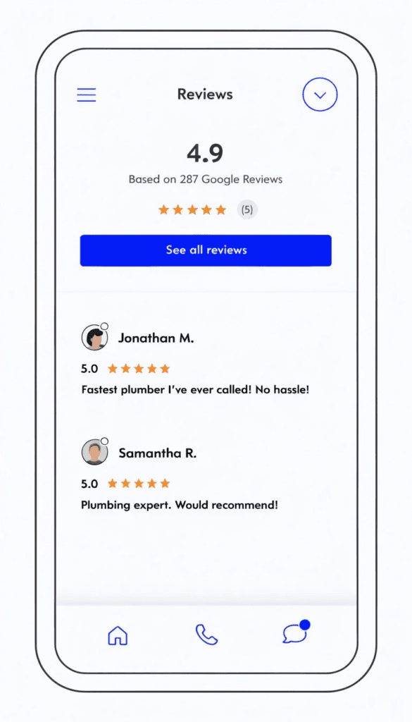 a smartphone showing five star google reviews for a plumbing business, illustrating the importance of reviews for local seo