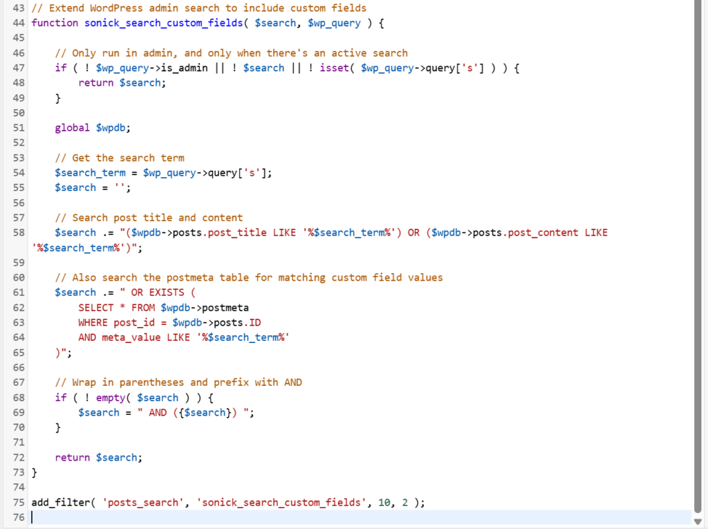 adding custom field search code to wordpress functions.php via the theme editor
