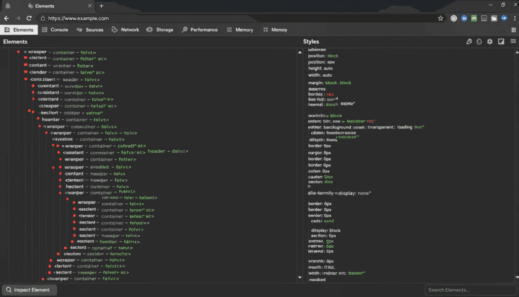 chrome devtools elements panel showing excessive nested div structure on a wordpress page