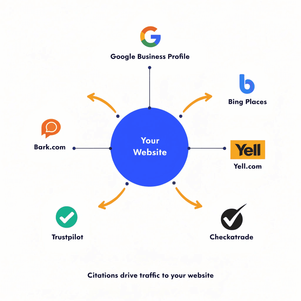 diagram showing uk online directories driving traffic and citations back to a small business website
