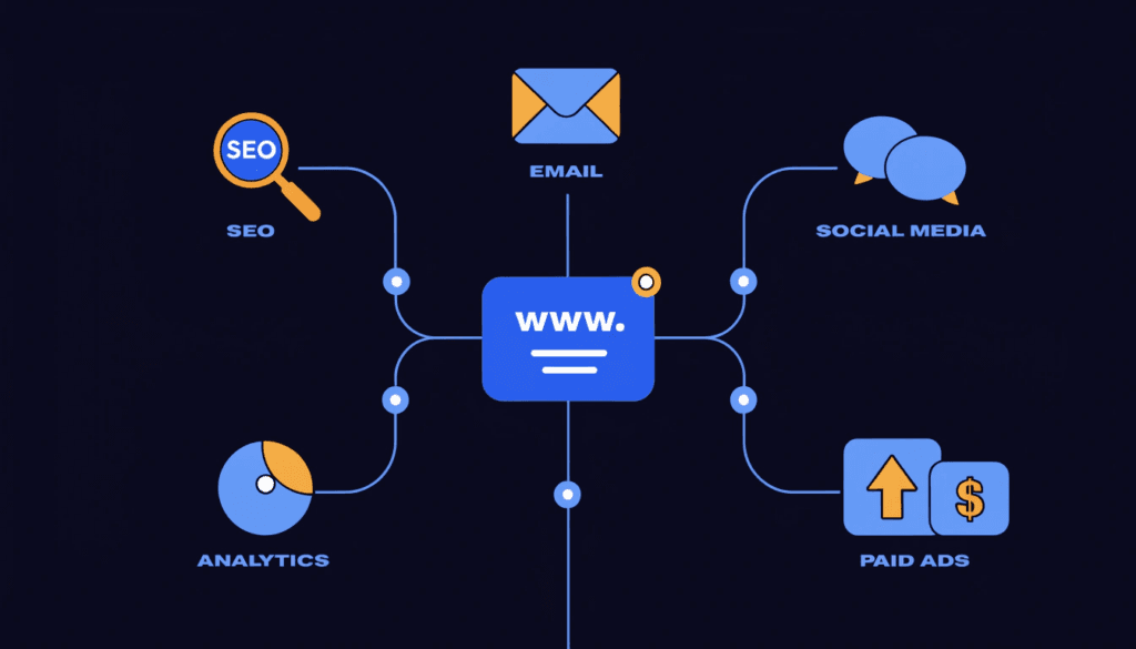 diagram showing a small business website at the centre of multiple digital marketing channels including seo, ppc, email and social media