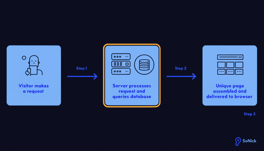 diagram showing how a dynamic website processes a visitor request through a server and database