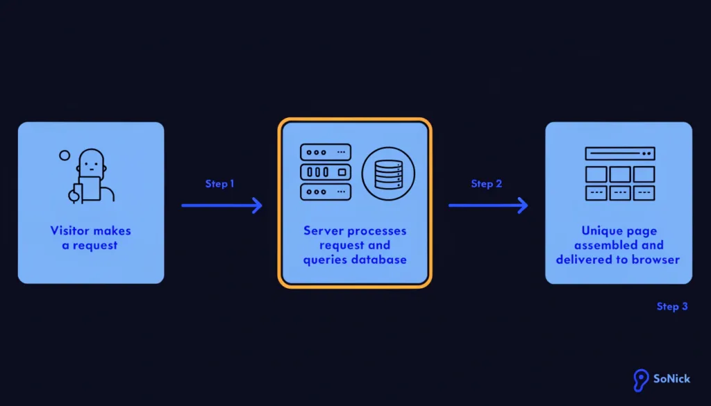 diagram showing how a dynamic website processes a visitor request through a server and database