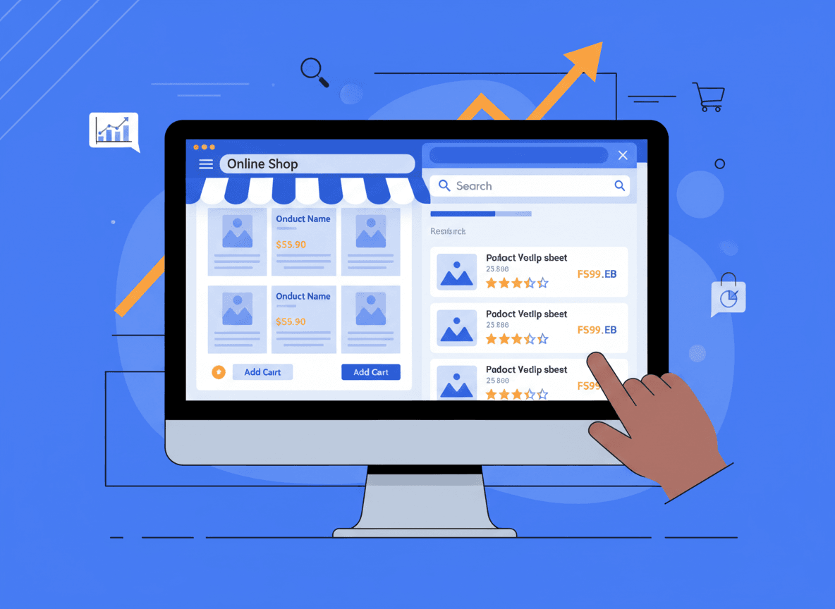 ecommerce website shown alongside google search results with product rich snippets, illustrating ecommerce seo