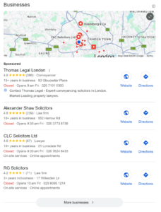 google business profile local pack result for a uk law firm