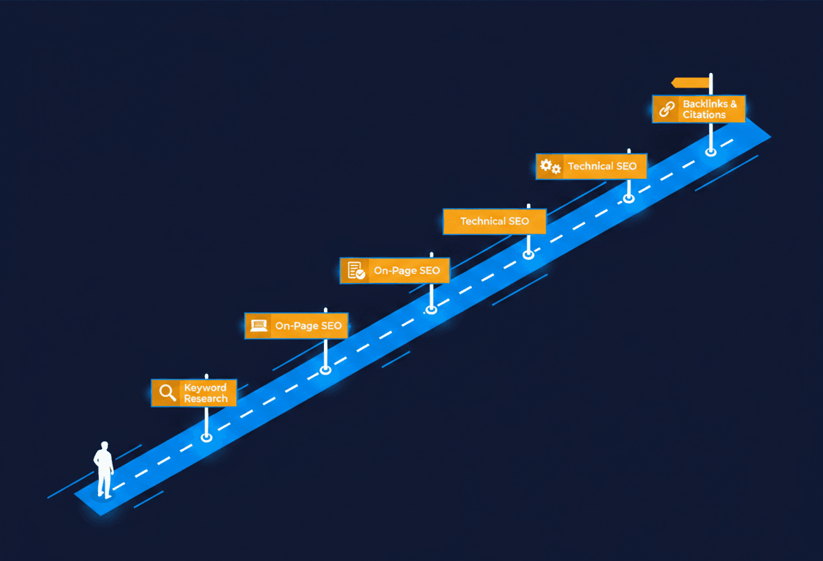 illustrated seo strategy roadmap showing the key steps from keyword research to link building
