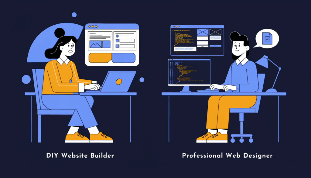 illustration comparing a business owner building their own website versus hiring a professional web designer (2)