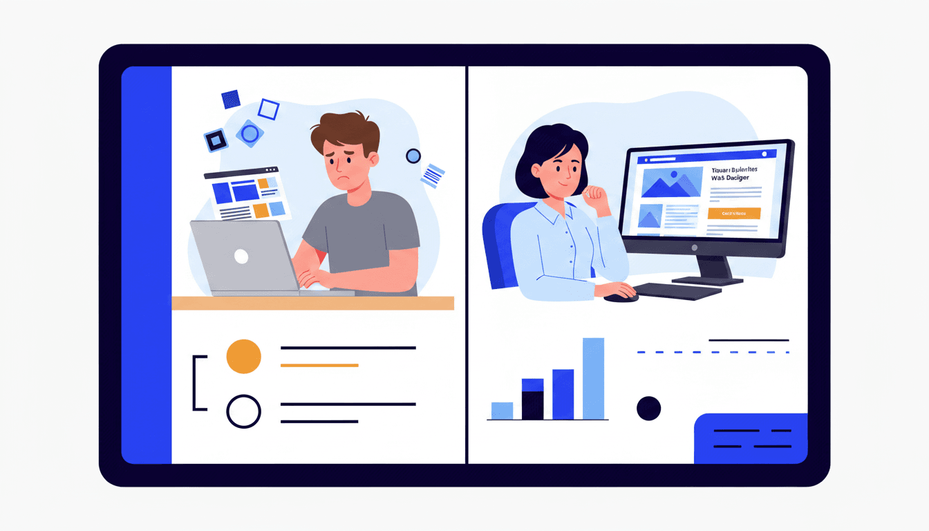 Illustration comparing building your own website versus hiring a professional web designer for a small business