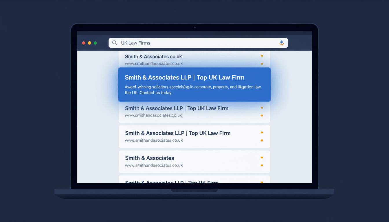illustration of a uk law firm website ranking at the top of google search results