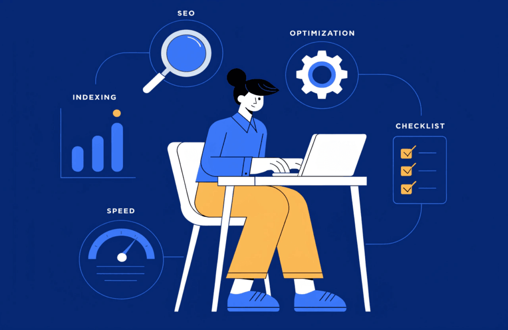 illustration of a business owner performing an seo audit on their website (2)