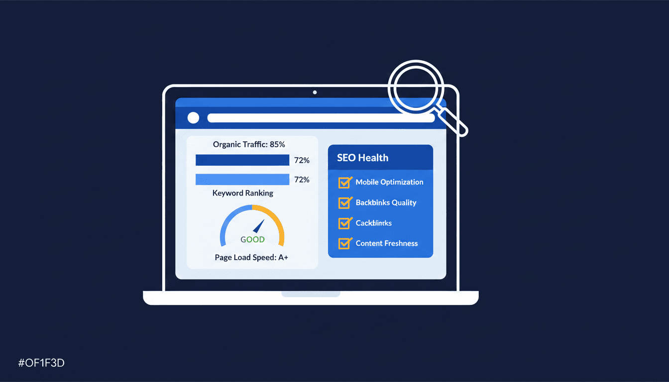 Step-by-step SEO audit illustration showing website health metrics on a laptop screen