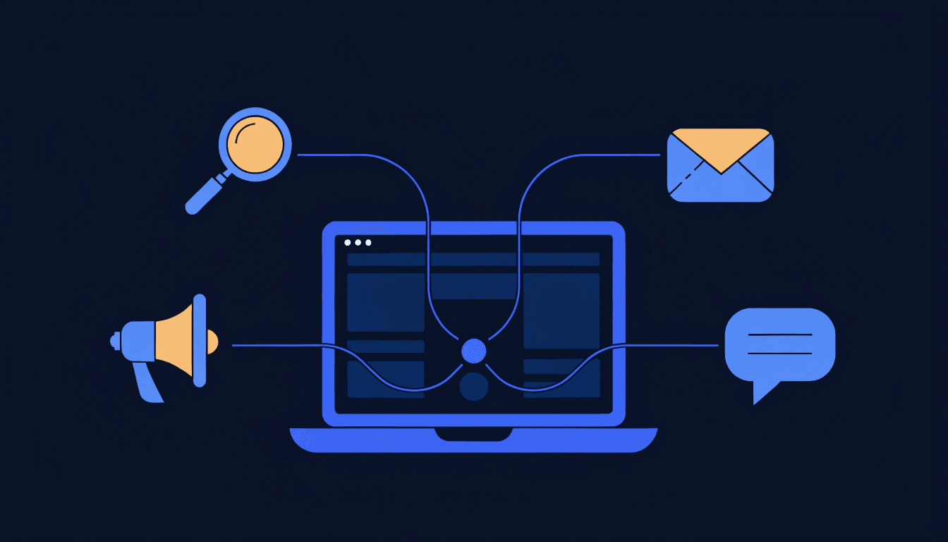 illustration of a small business website surrounded by digital marketing channel icons including seo, paid ads, email and social media