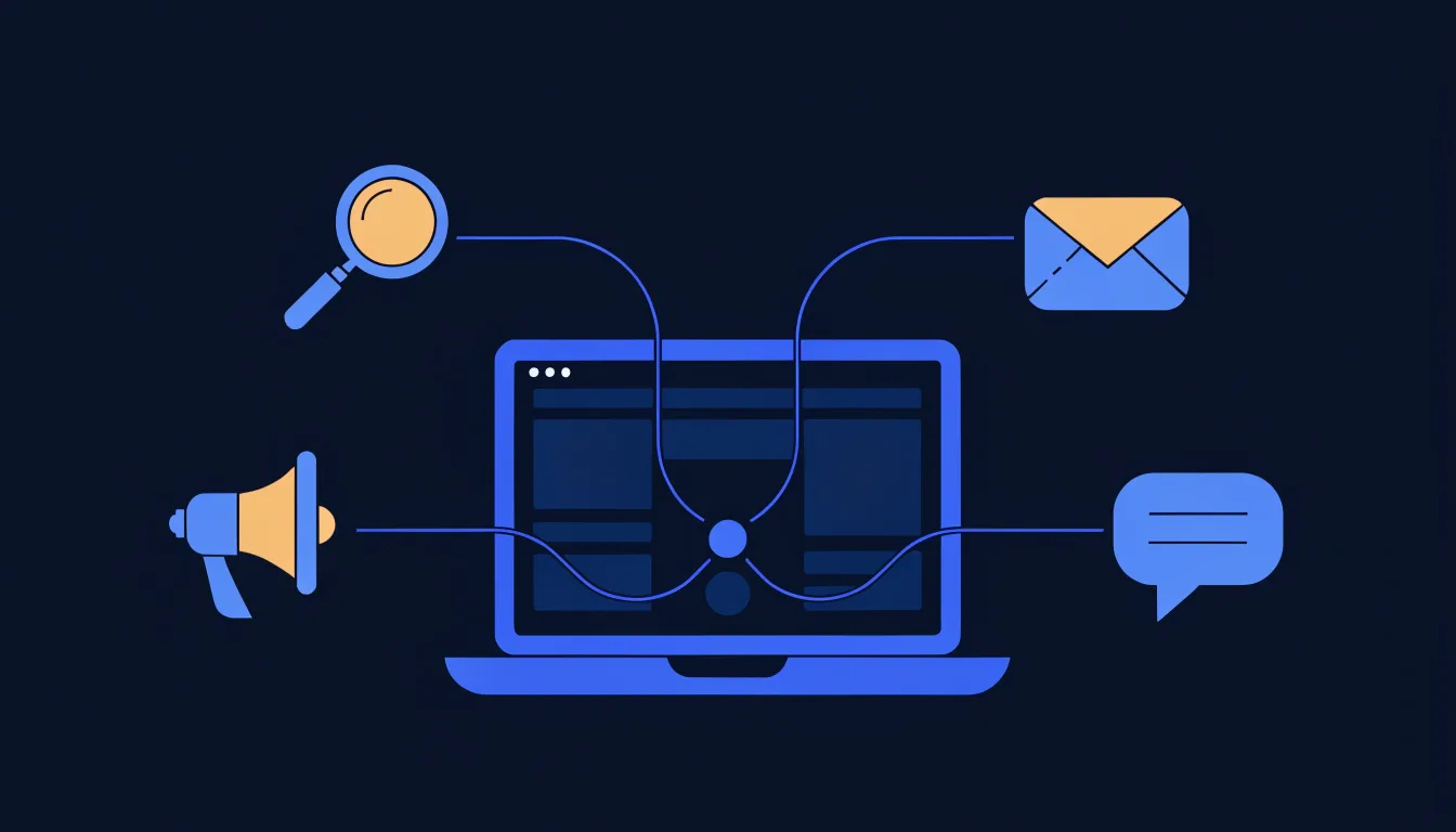 illustration of a small business website surrounded by digital marketing channel icons including seo, paid ads, email and social media