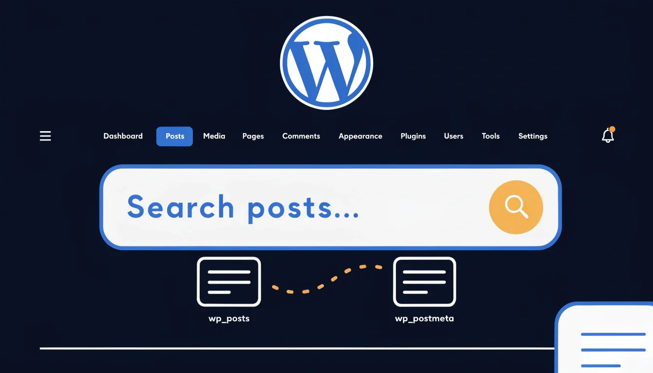 illustration showing wordpress admin search extended to include custom field data from the postmeta database table