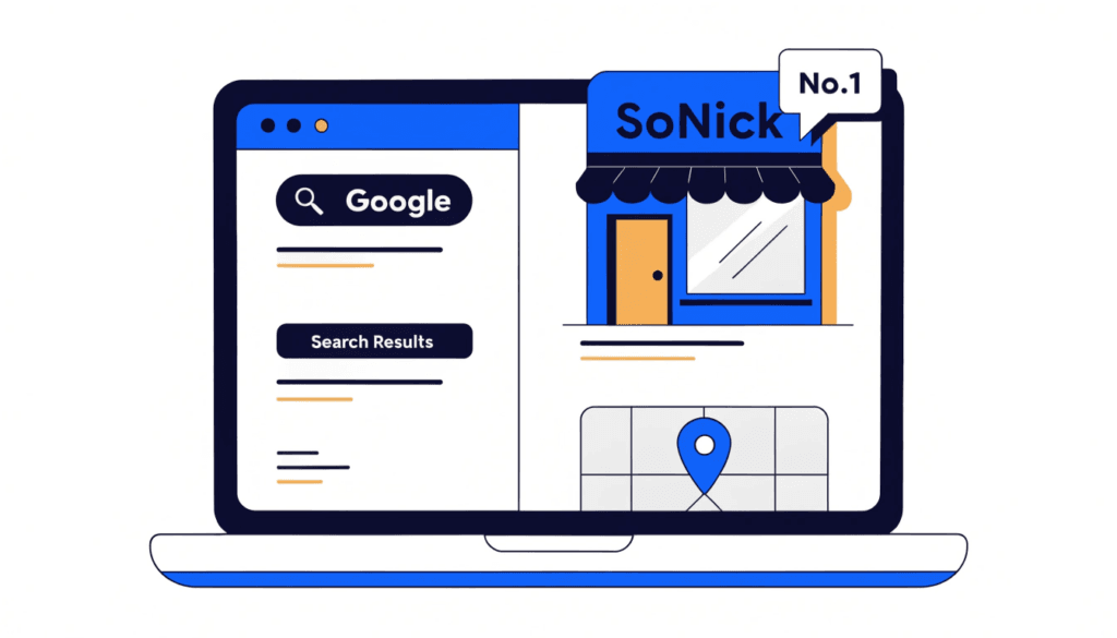 illustration showing a small business website appearing at the top of google search results