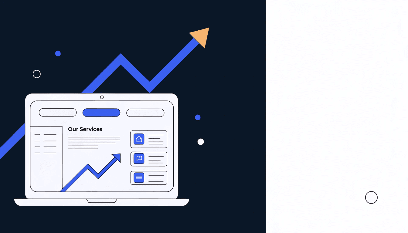 illustration showing a small business website with rising traffic on a laptop screen Illustration of a small business website on a laptop with an upward-trending traffic graph