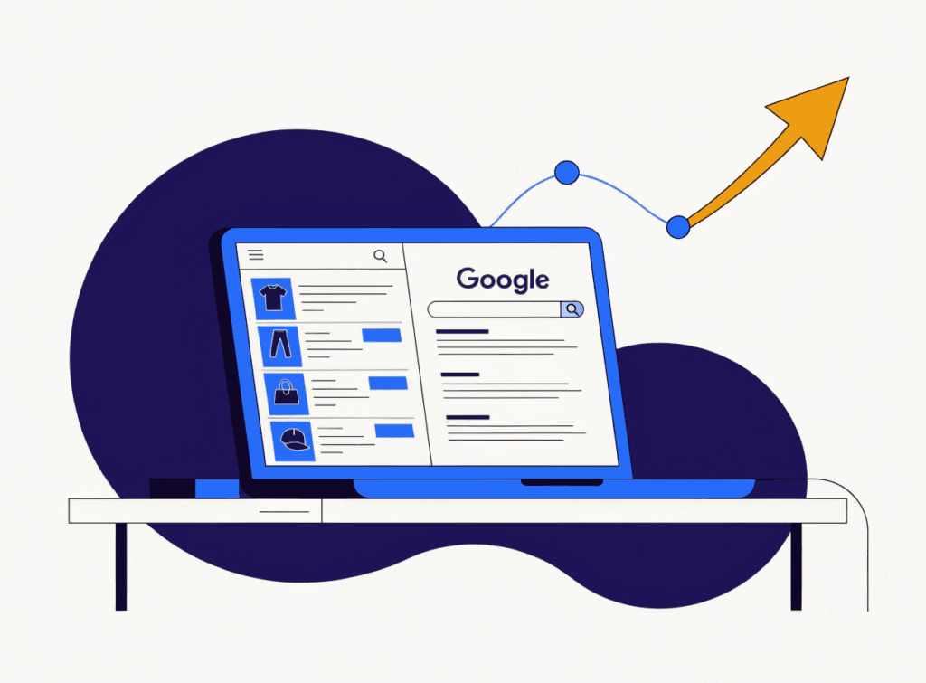 illustration showing an ecommerce website alongside google search results, representing ecommerce seo