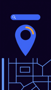 illustration showing local seo concept with a map pin and search bar over a uk town map