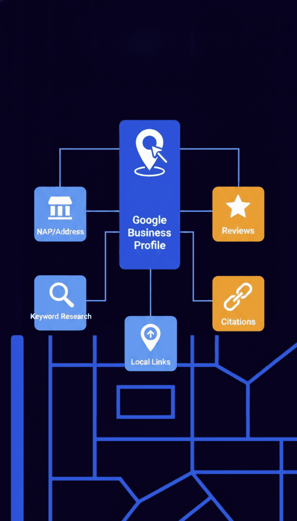 illustration showing the six key components of local seo for small businesses