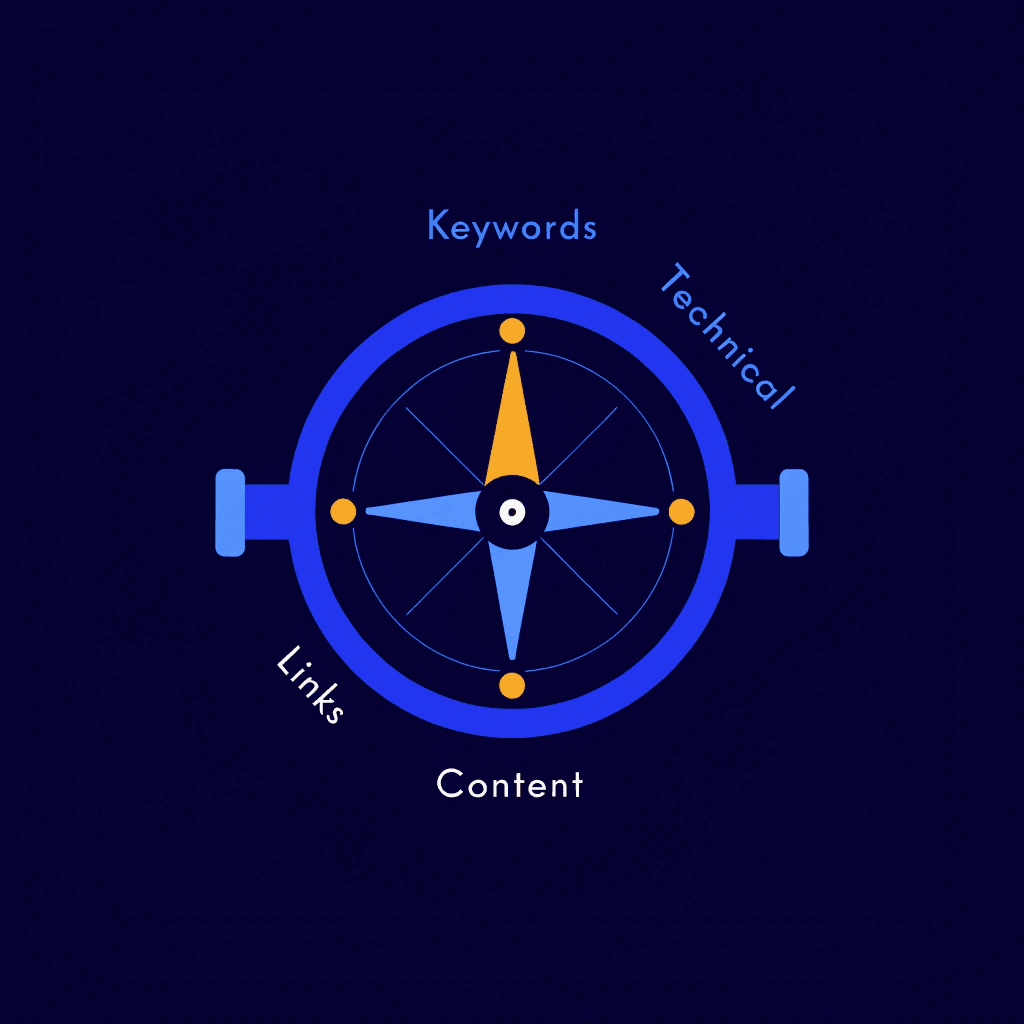 seo strategy compass showing the four core pillars keywords, technical, content, and links
