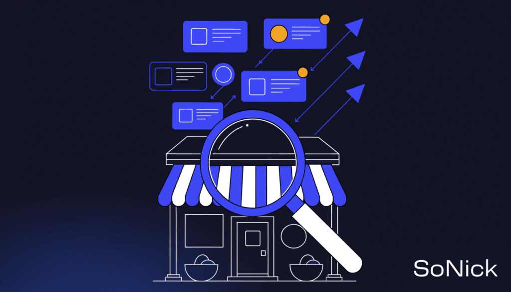 SEO tips for small businesses illustrated as a shopfront with rising search rankings