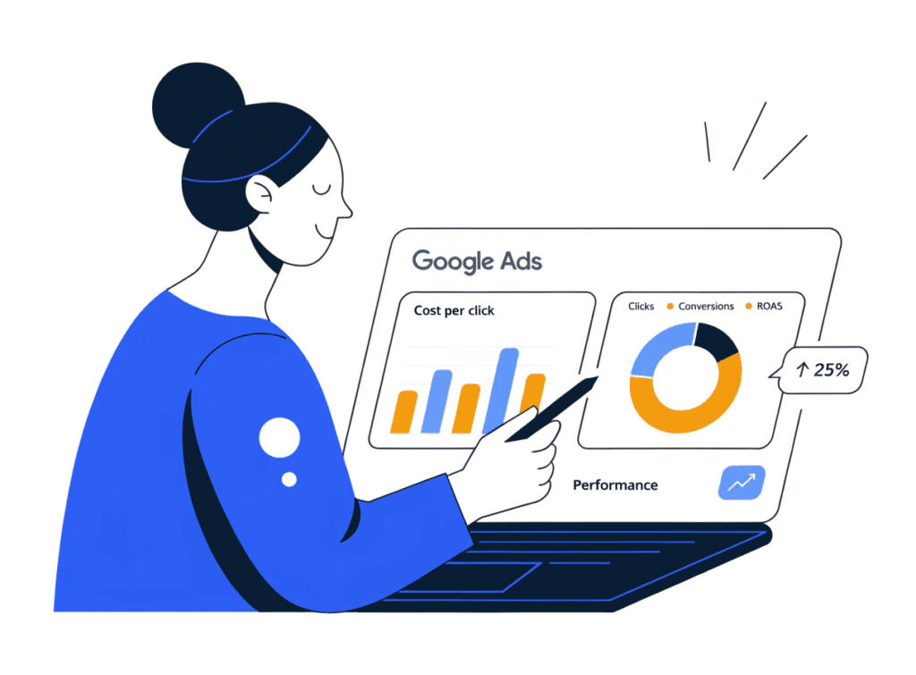 small business owner reviewing ppc campaign performance data on a laptop