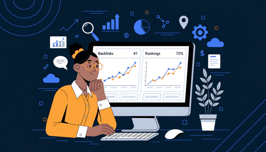 small business owner reviewing seo backlink growth and ranking improvements on a computer dashboard