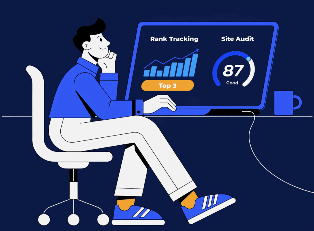 Small business owner using DIY SEO software on a laptop to track keyword rankings and site performance
