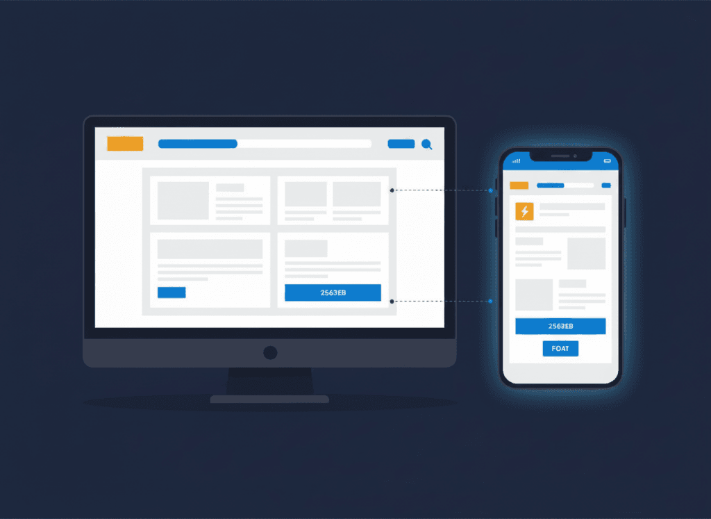 split screen illustration showing a website on desktop and mobile, demonstrating responsive design