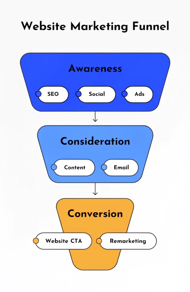 website marketing funnel diagram showing awareness, consideration and conversion stages with relevant channels at each level
