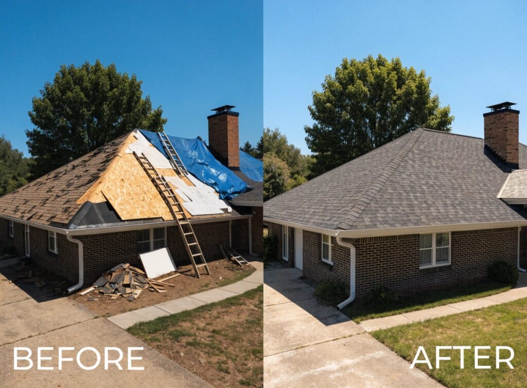 before and after photos of a completed roofing project in a named local area
